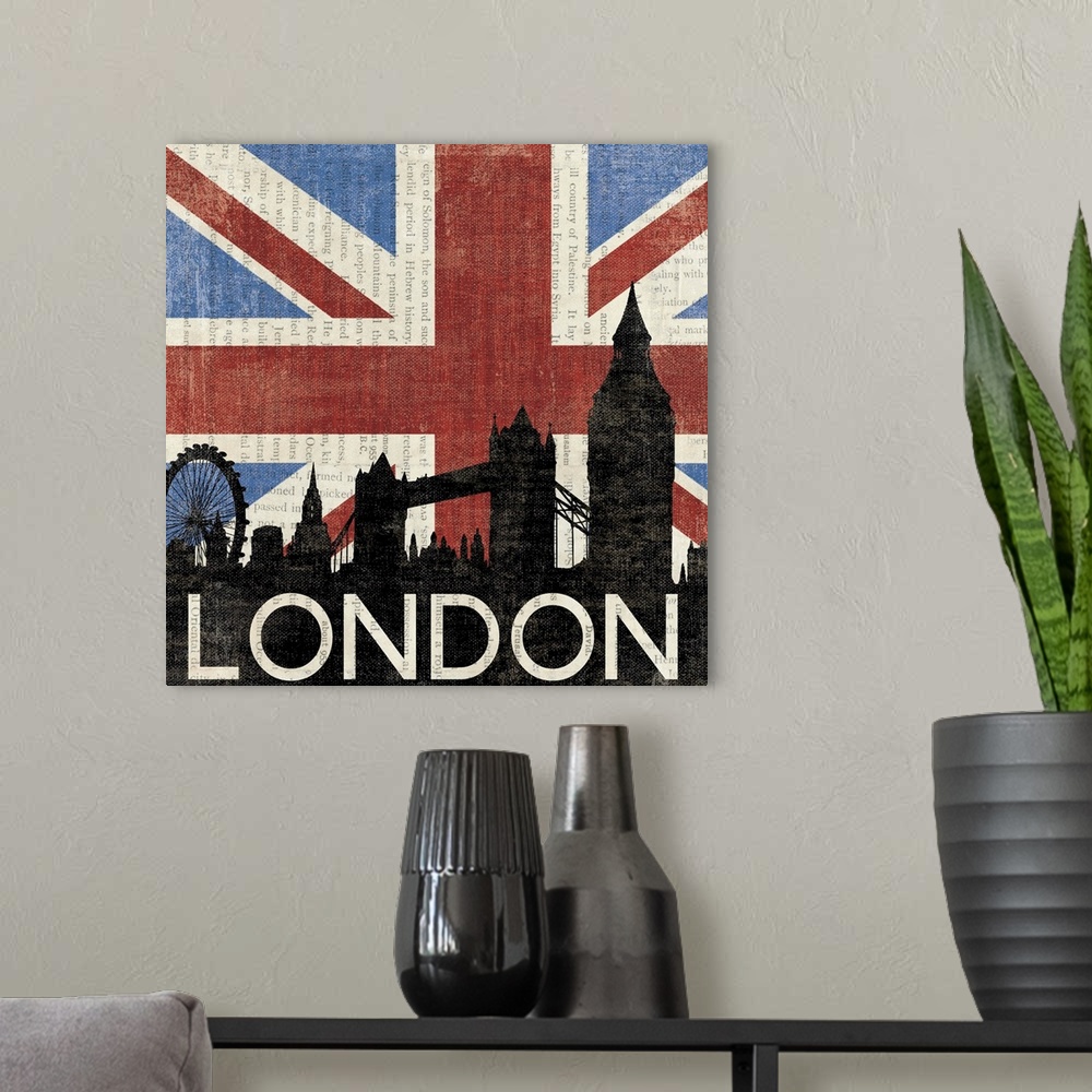 A modern room featuring Contemporary artwork of a silhouetted London skyline against a background of the Union Jack flag.