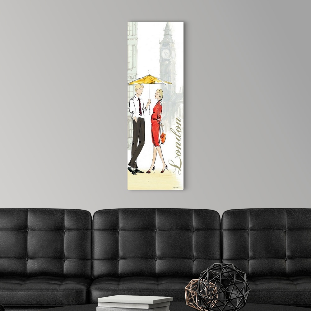 A modern room featuring Contemporary artwork of a couple underneath a yellow umbrella, with buildings in the background.