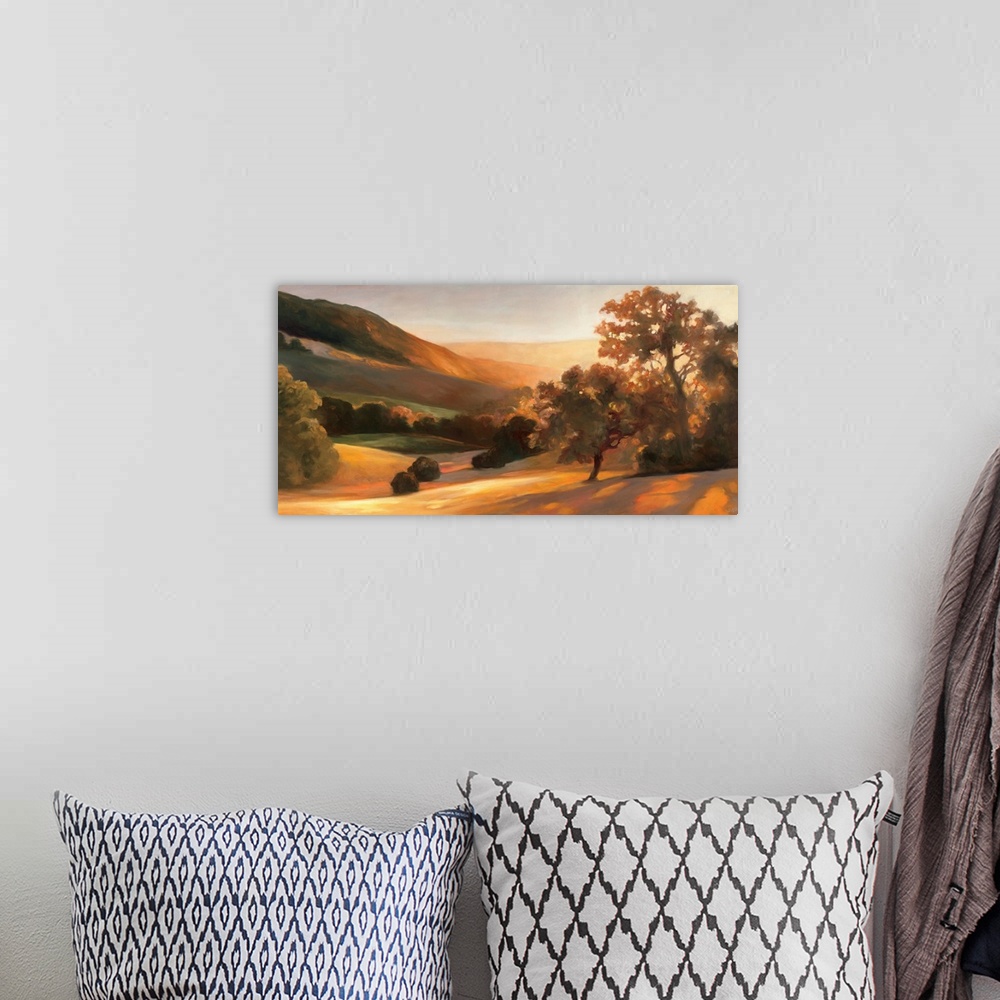 A bohemian room featuring Contemporary painting of a scenic countryside valley at sunrise.