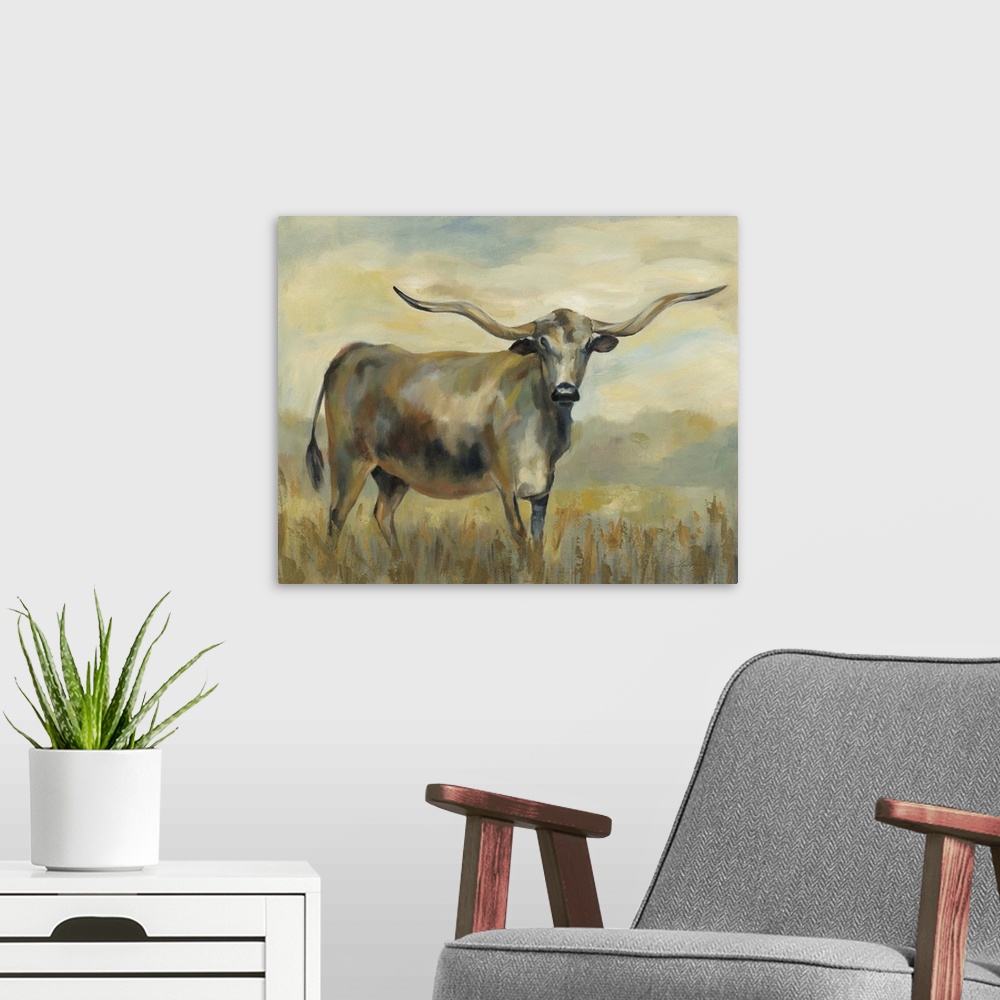 A modern room featuring Longhorn Cow