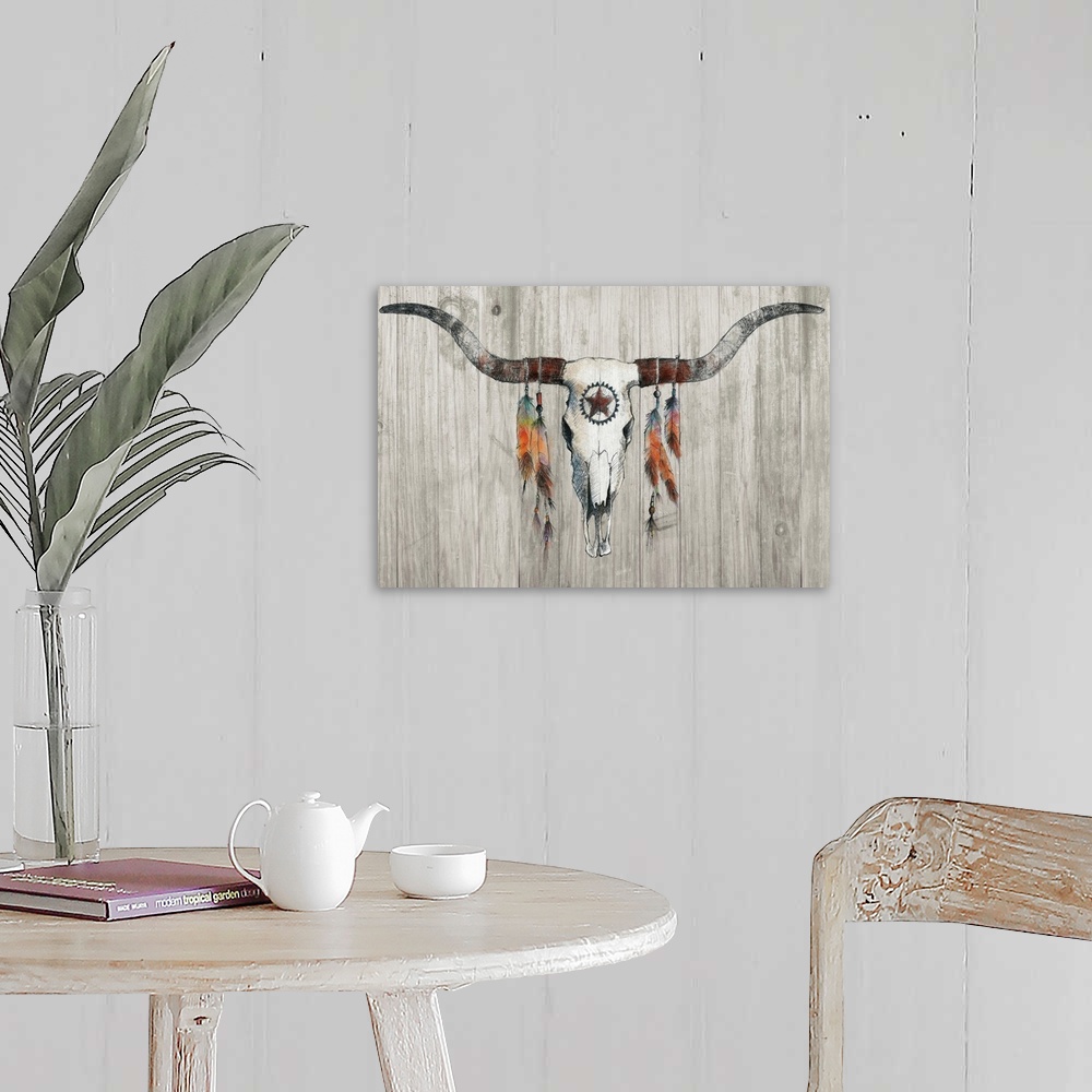 A farmhouse room featuring Illustration of a longhorn skull with colorful feathers hanging from the horns on a rustic wooden...