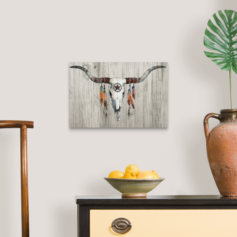 A traditional room featuring Illustration of a longhorn skull with colorful feathers hanging from the horns on a rustic wooden...