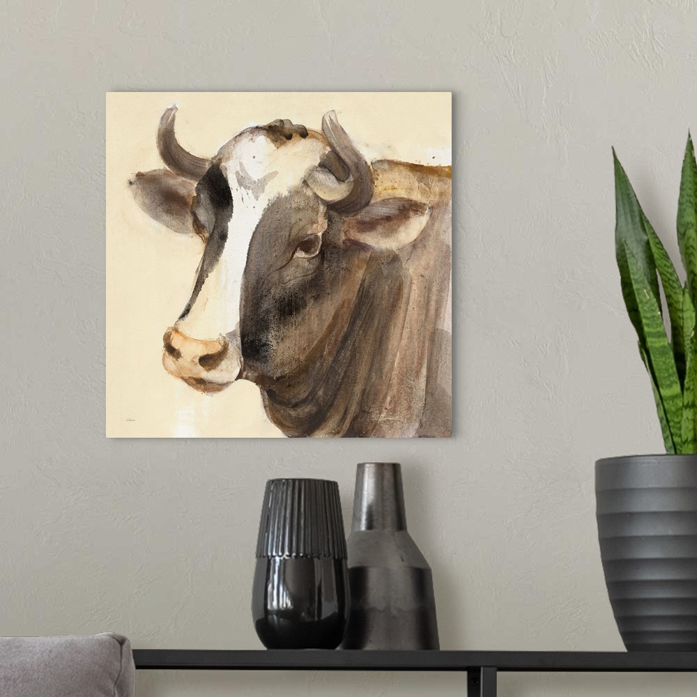 A modern room featuring Square contemporary painting of a bull in warm tones of color.