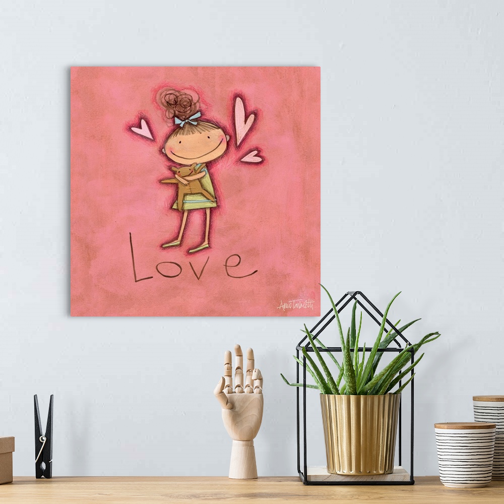 A bohemian room featuring Contemporary children's art of a little girl with hearts hovering around her.