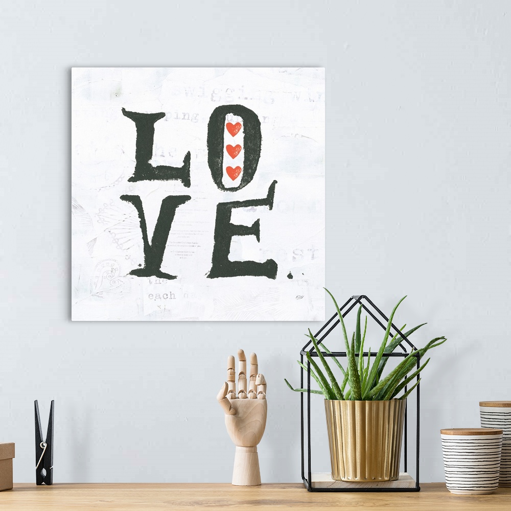 A bohemian room featuring Square painting with the word "love" written in two lines with red hearts on a white background w...