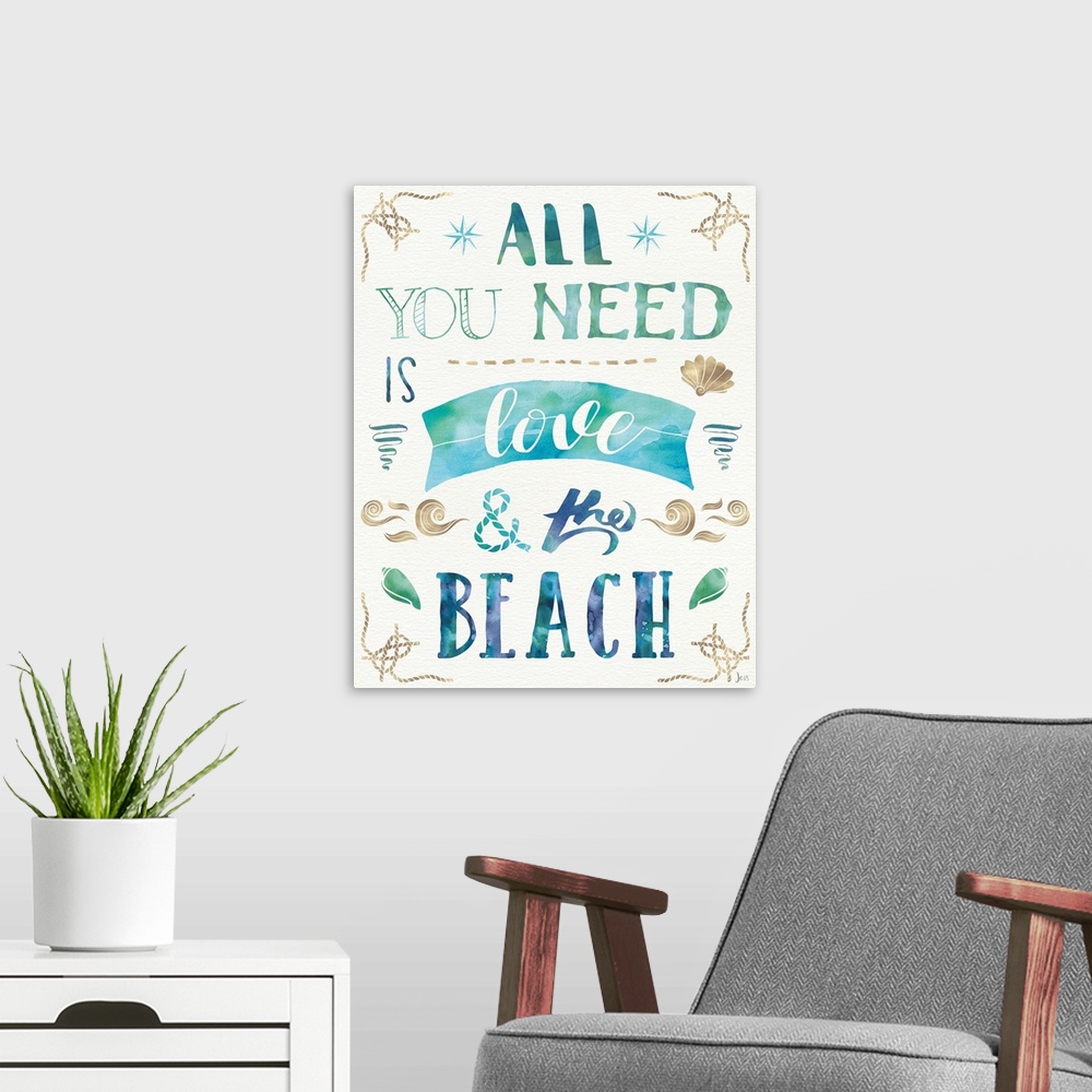 A modern room featuring "All You Need is Love and the Beach"