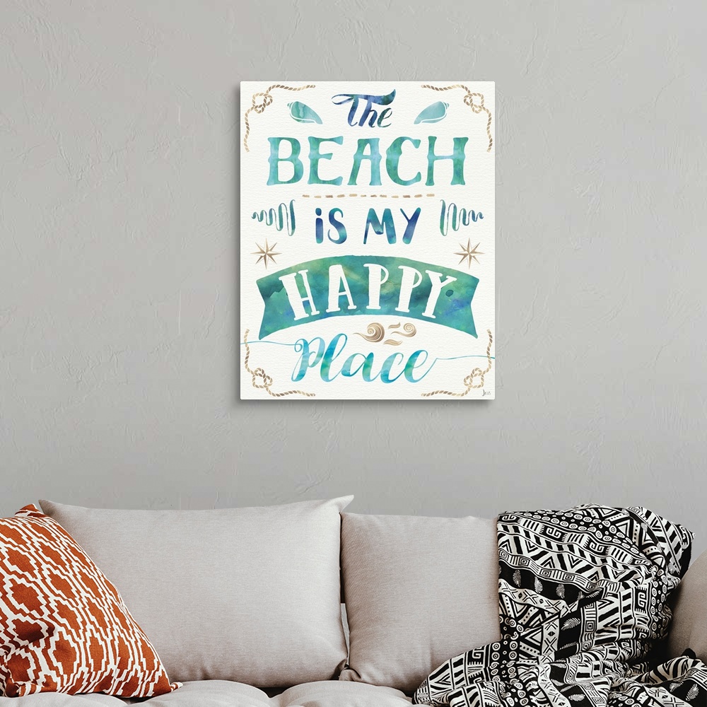 A bohemian room featuring "The Beach is My Happy Place"
