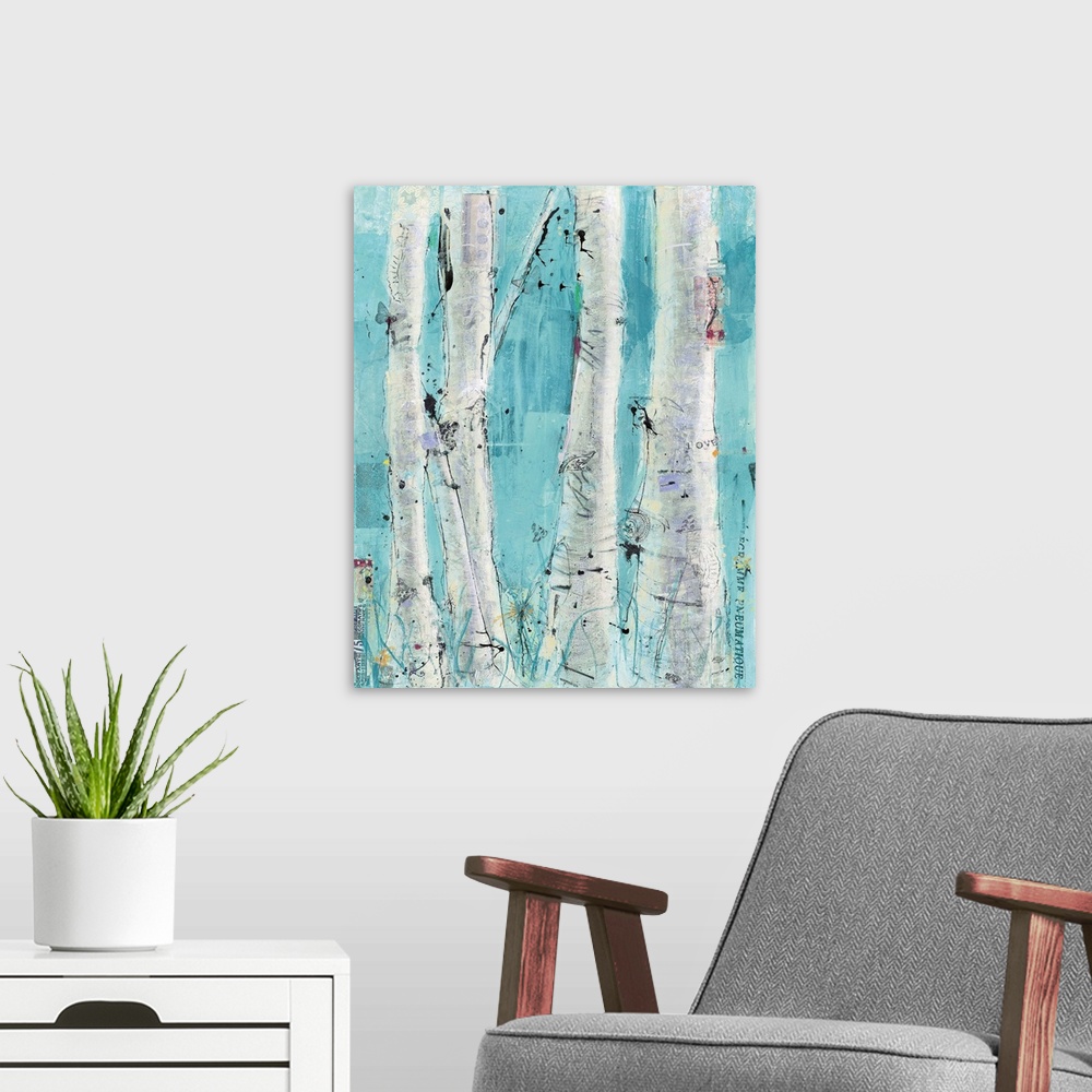 A modern room featuring A painting of a group of birch trees with layers of small text and decorative images.