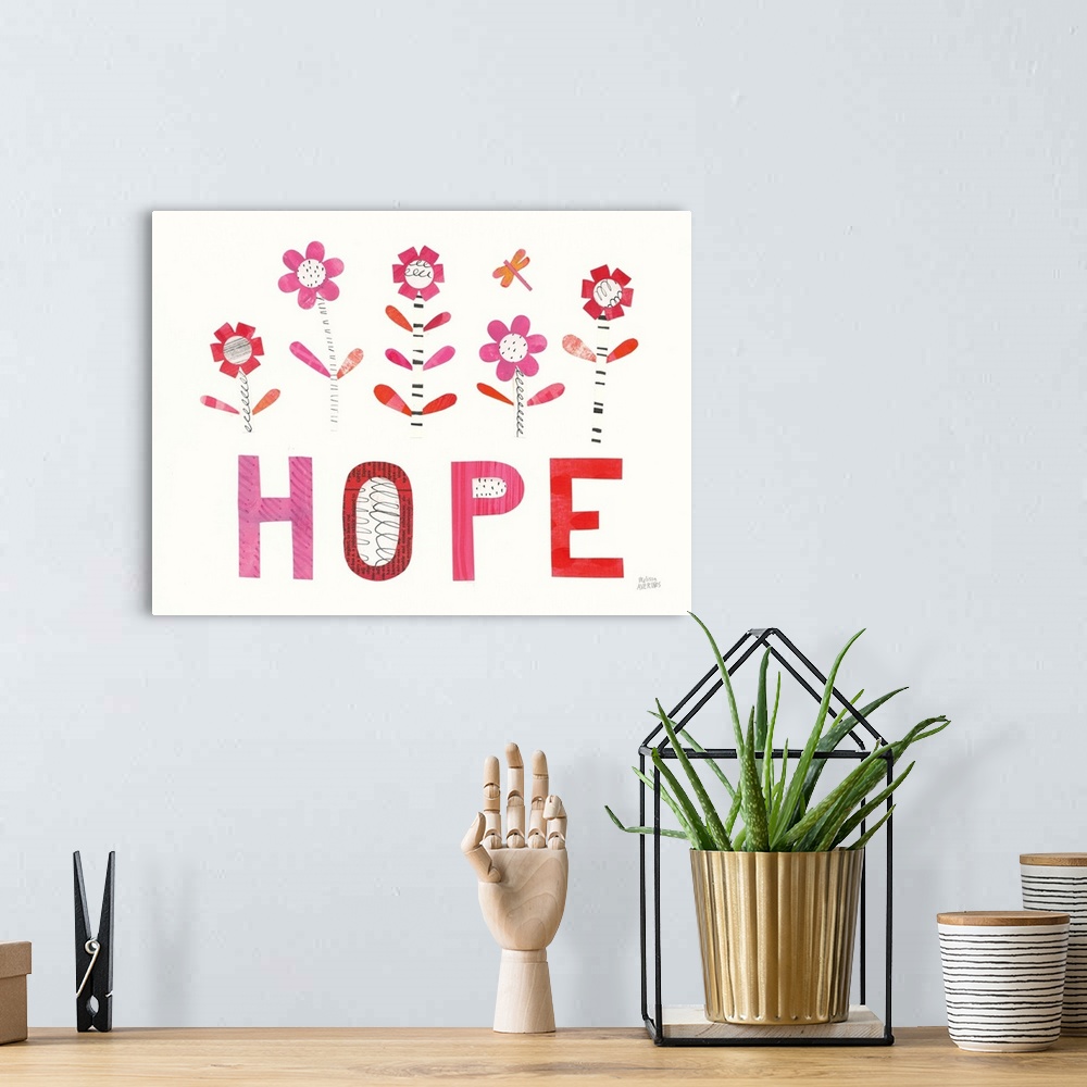 A bohemian room featuring Inspirational mixed media artwork with flowers and the word "Hope" in warm tones.
