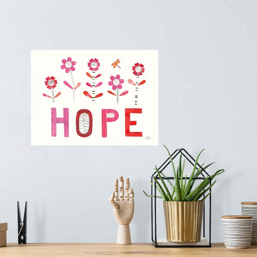 A bohemian room featuring Inspirational mixed media artwork with flowers and the word "Hope" in warm tones.