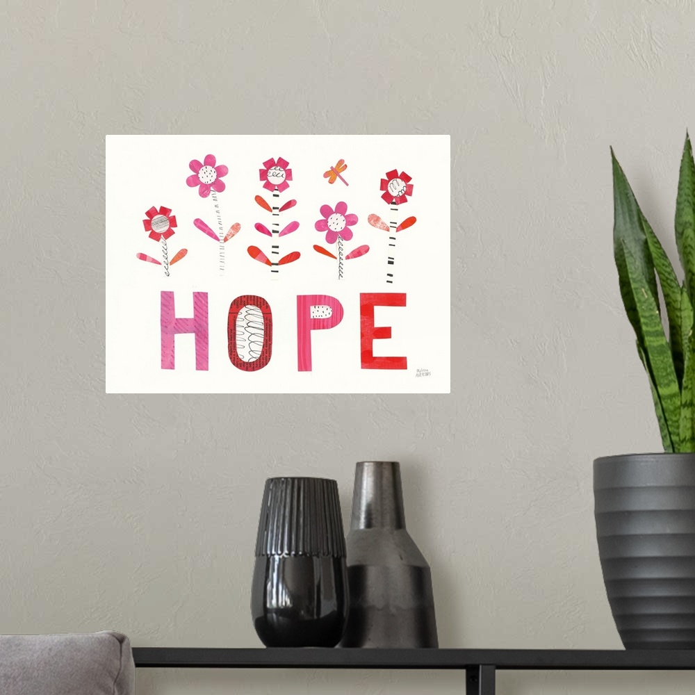 A modern room featuring Inspirational mixed media artwork with flowers and the word "Hope" in warm tones.