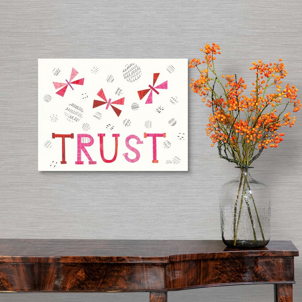 A traditional room featuring Mixed media artwork with the word "Trust," cut out dragonflies, and circles with black designs on...