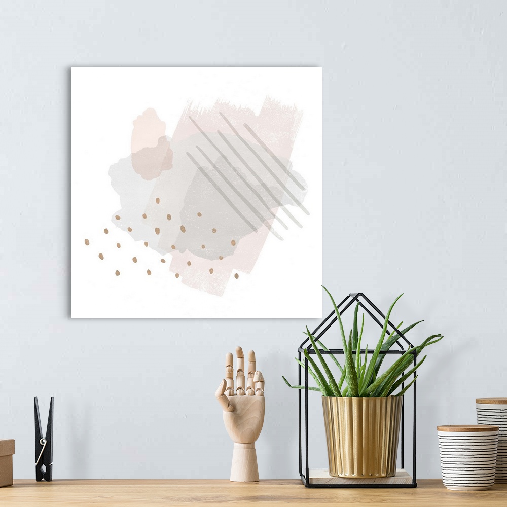 A bohemian room featuring Blush, gold, and gray abstract art on a solid white square background.