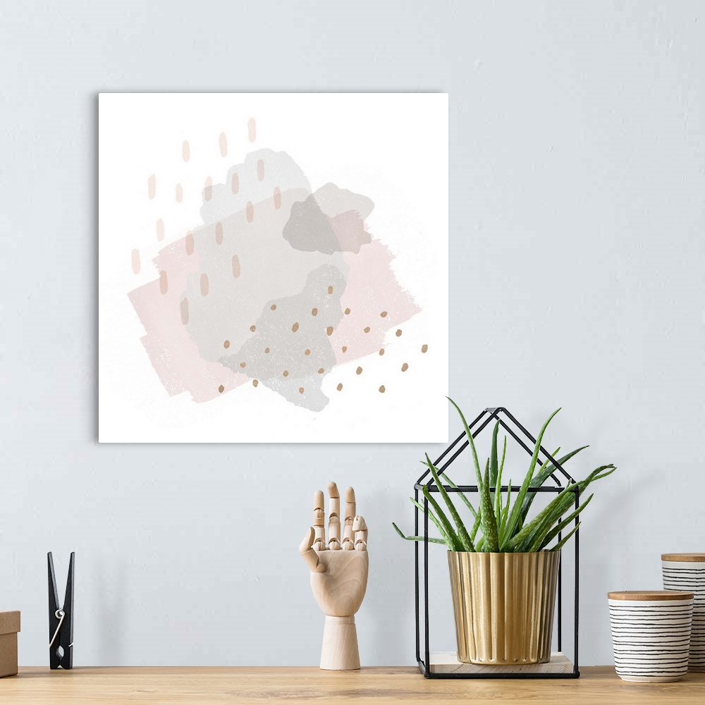 A bohemian room featuring Blush, gold, and gray abstract art on a solid white square background.