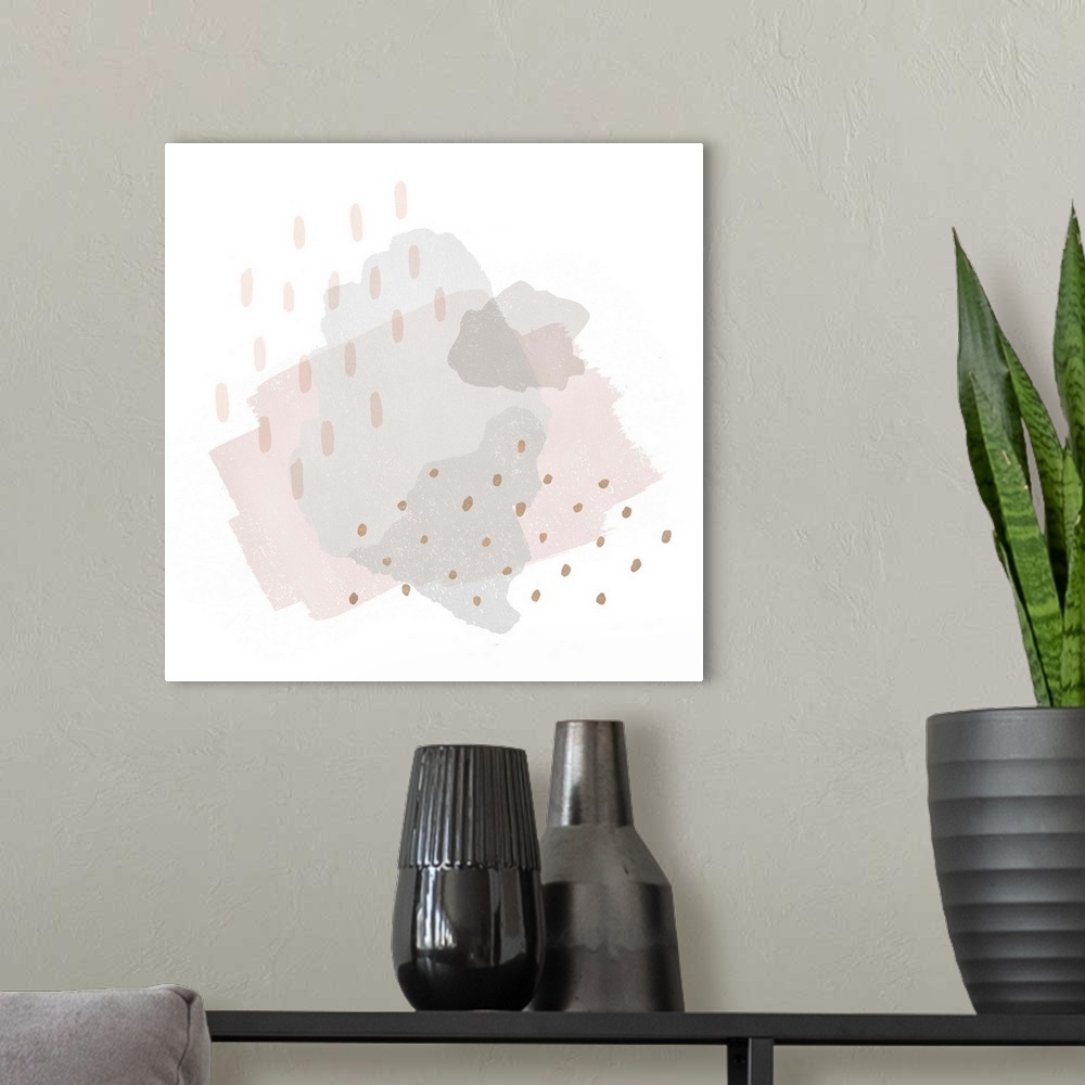A modern room featuring Blush, gold, and gray abstract art on a solid white square background.