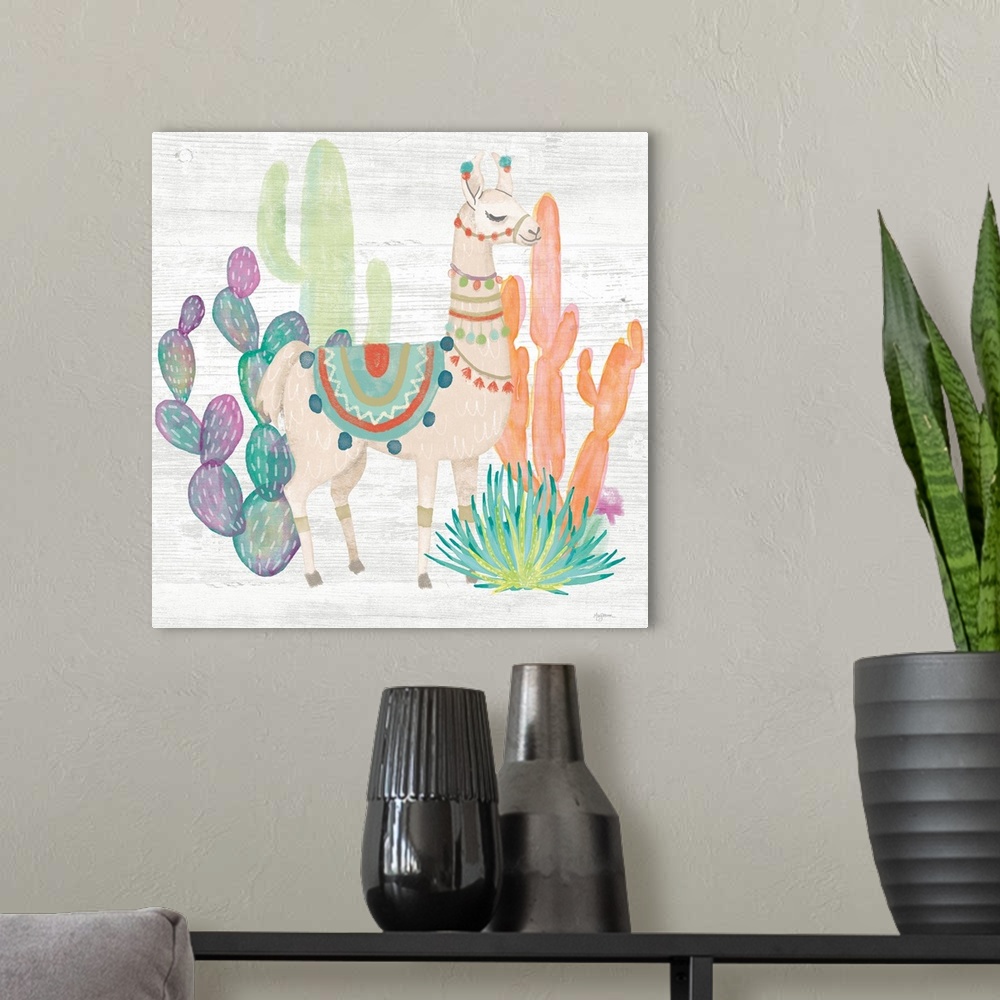 A modern room featuring Decorative artwork of an illustrated llama surrounded by brightly color cacti.
