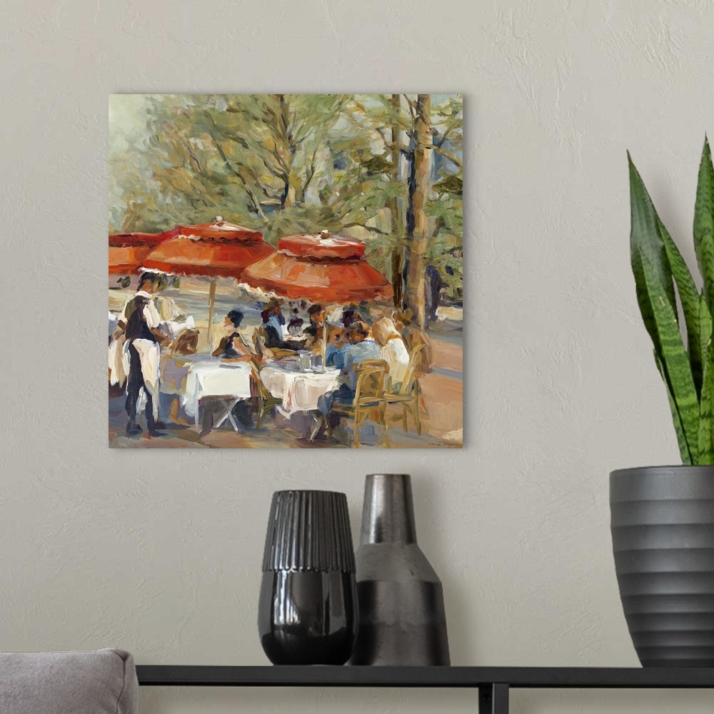 A modern room featuring This square decorative wall art is a square painting of tourist at an outdoor Parsian cafo under ...