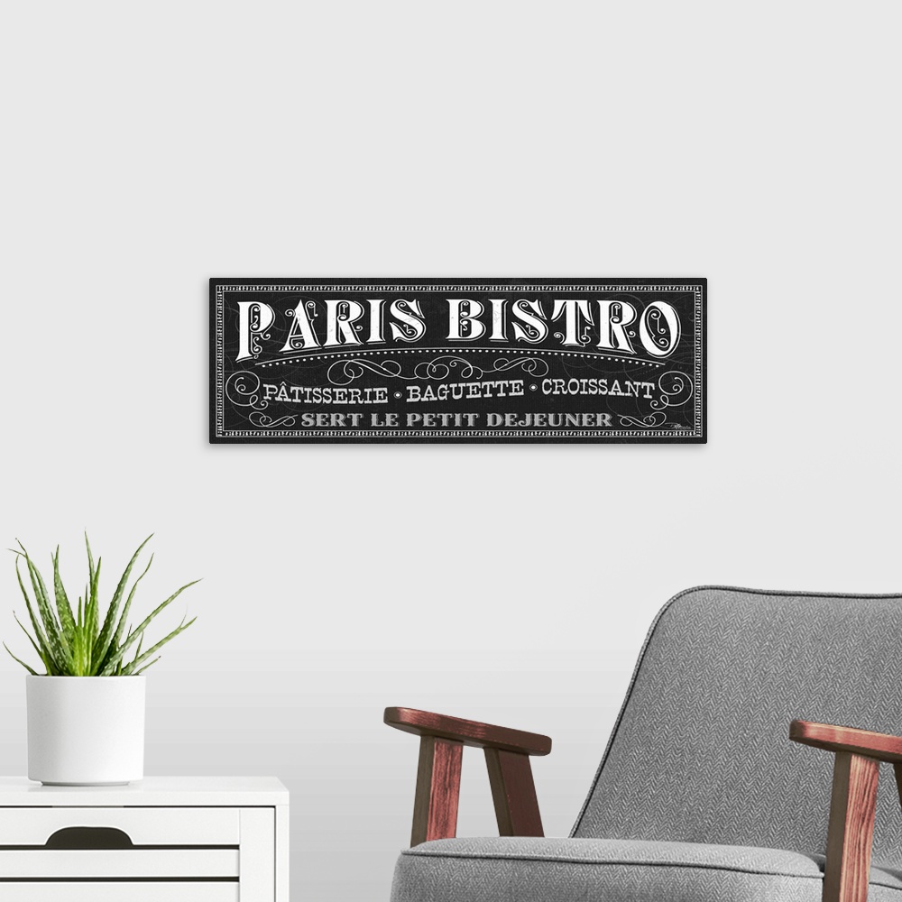 A modern room featuring Giant horizontal wall hanging of decorative text, reading "Paris Bistro", surrounded by swirling ...
