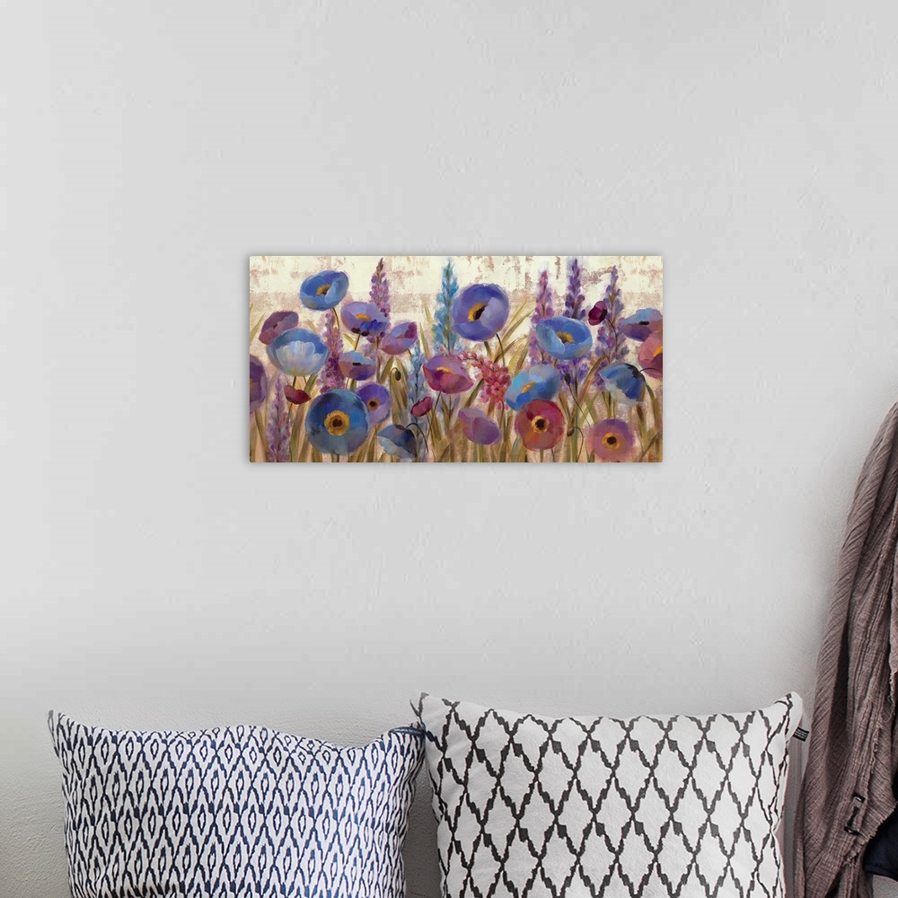 A bohemian room featuring Landscape, floral home art docor of a large cluster of purple and blue lupines and poppy flowers,...