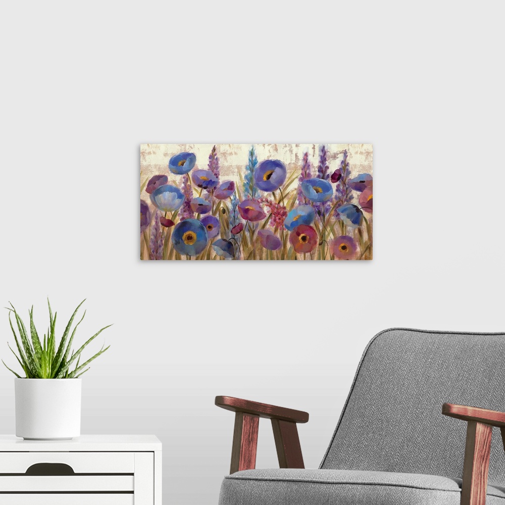 A modern room featuring Landscape, floral home art docor of a large cluster of purple and blue lupines and poppy flowers,...