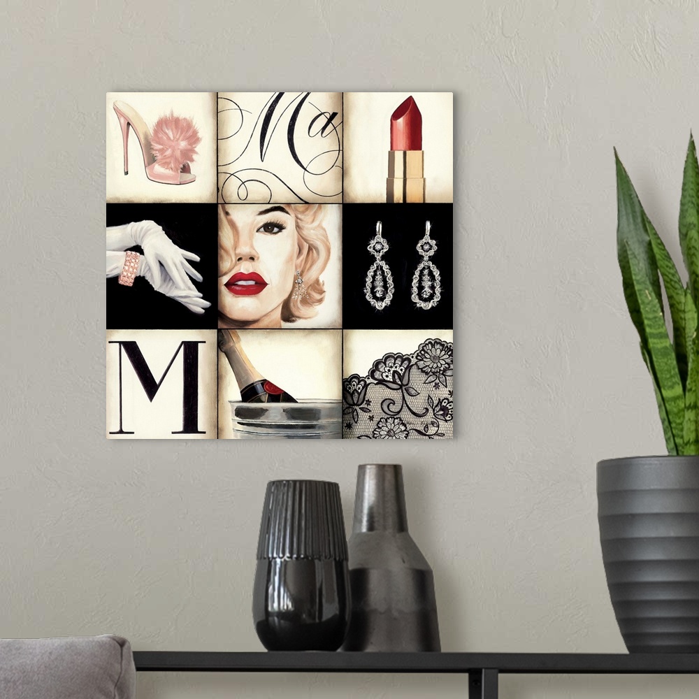 A modern room featuring Contemporary artwork of square tiles with imagery of high society life.