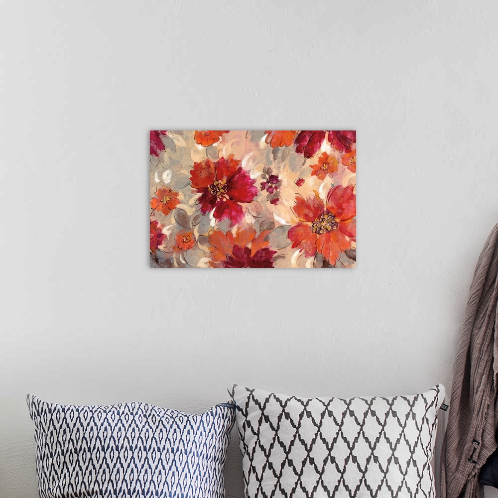 A bohemian room featuring Abstract painting of orange, red, and pink flowers with gray leaves on a neutral colored background.