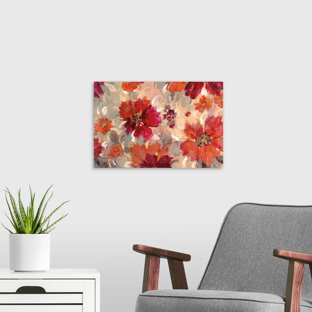 A modern room featuring Abstract painting of orange, red, and pink flowers with gray leaves on a neutral colored background.