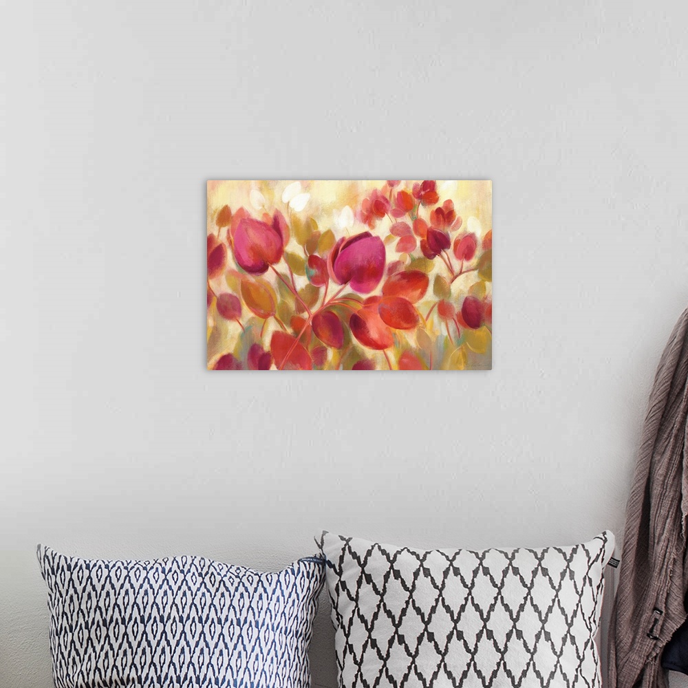 A bohemian room featuring Contemporary painting of bright flowers in warm tones.
