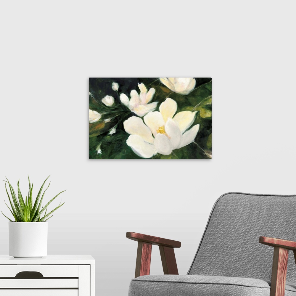 A modern room featuring Abstract painting of white magnolia flowers and buds on a dark green background.