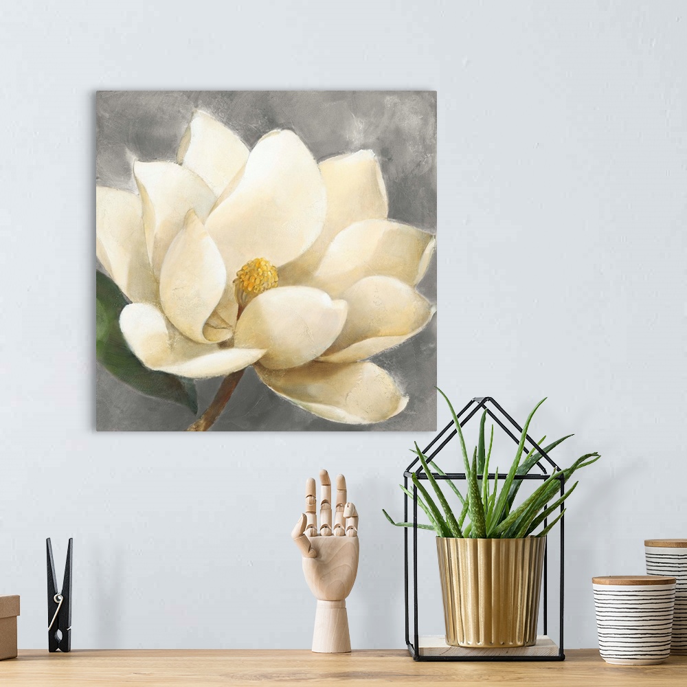 A bohemian room featuring Contemporary painting of a beautiful magnolia flower on a gray, square background.