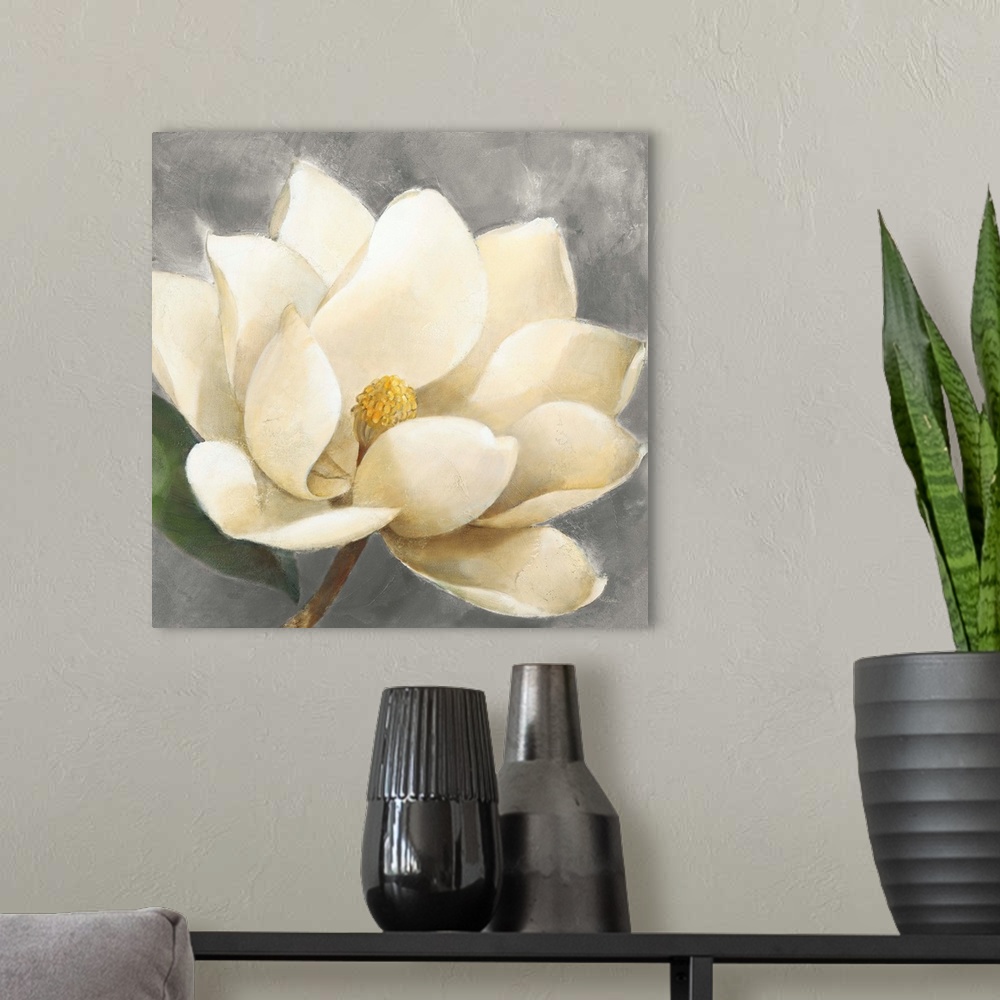 A modern room featuring Contemporary painting of a beautiful magnolia flower on a gray, square background.