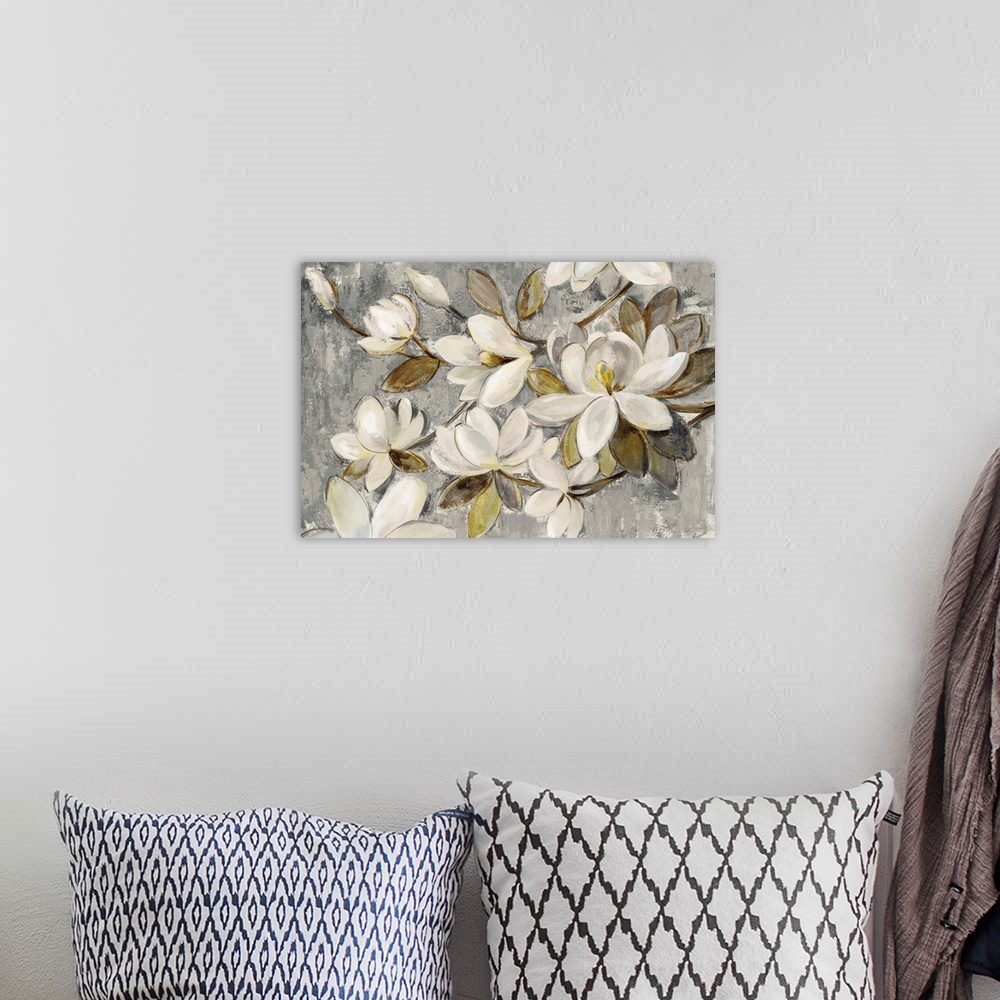 A bohemian room featuring Contemporary painting of magnolia flowers on a textured gray and cream colored background.