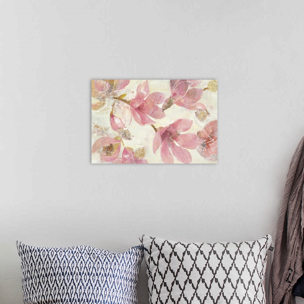 A bohemian room featuring Contemporary painting of pink flowers against a neutral background.