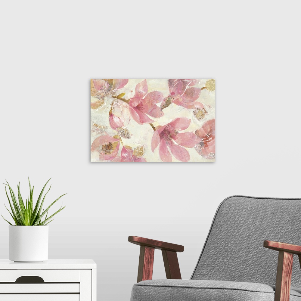 A modern room featuring Contemporary painting of pink flowers against a neutral background.