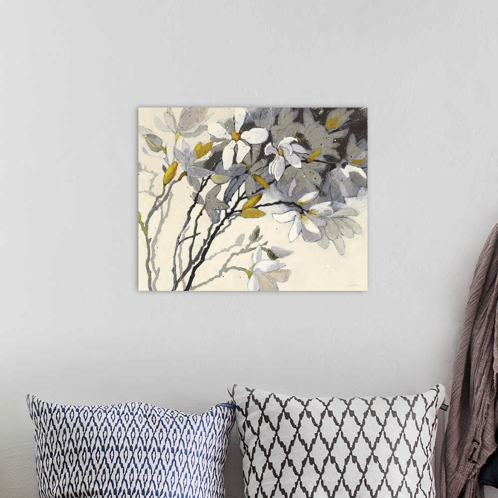 A bohemian room featuring Large contemporary painting of magnolia flowers in yellow, grey, white, and silver on a cream bac...