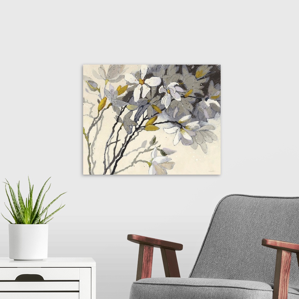 A modern room featuring Large contemporary painting of magnolia flowers in yellow, grey, white, and silver on a cream bac...