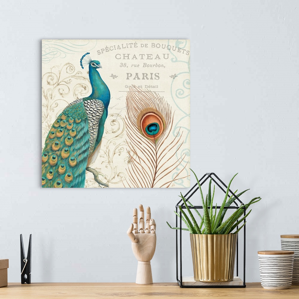 A bohemian room featuring Square painting of a peacock on top of a neutral background with various text and patterns.