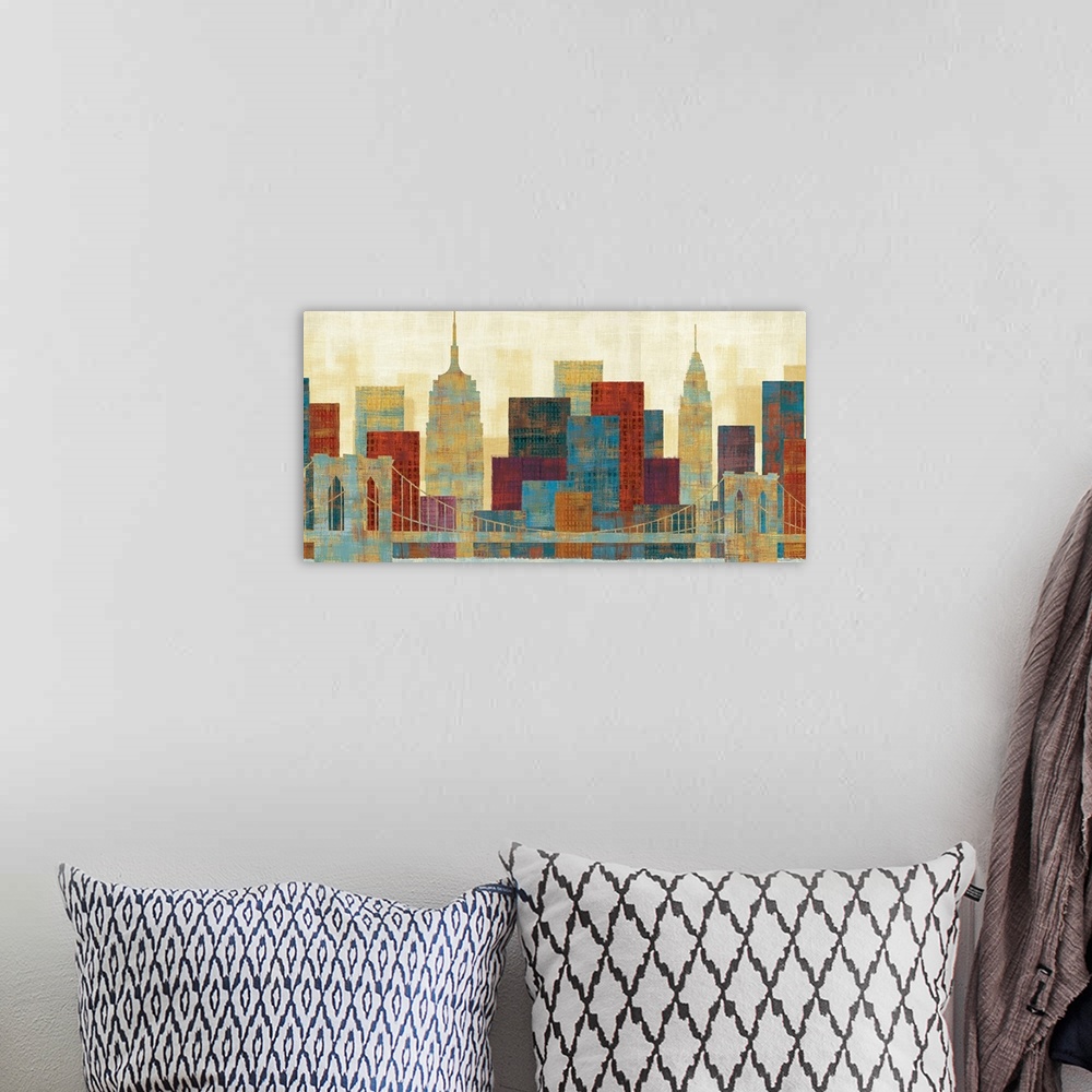 A bohemian room featuring A contemporary art piece of the Brooklyn bridge with the NYC skyline behind it. Many colors are u...