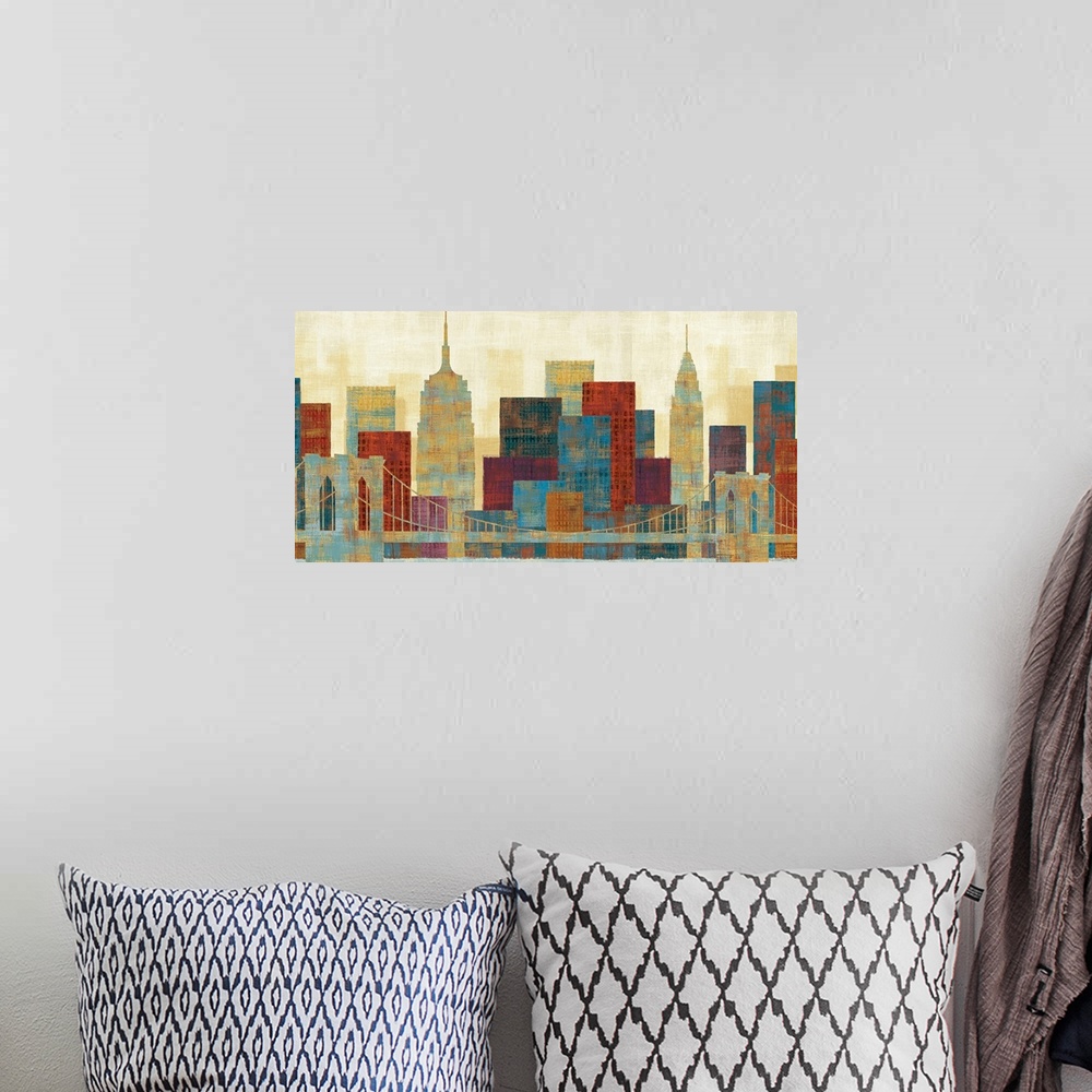 A bohemian room featuring A contemporary art piece of the Brooklyn bridge with the NYC skyline behind it. Many colors are u...