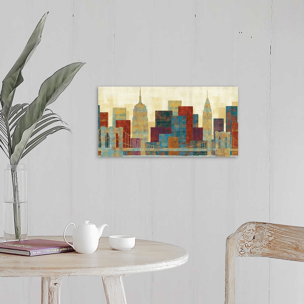 A farmhouse room featuring A contemporary art piece of the Brooklyn bridge with the NYC skyline behind it. Many colors are u...