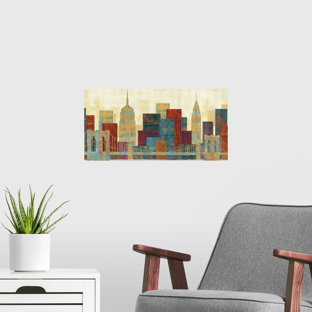 A modern room featuring A contemporary art piece of the Brooklyn bridge with the NYC skyline behind it. Many colors are u...