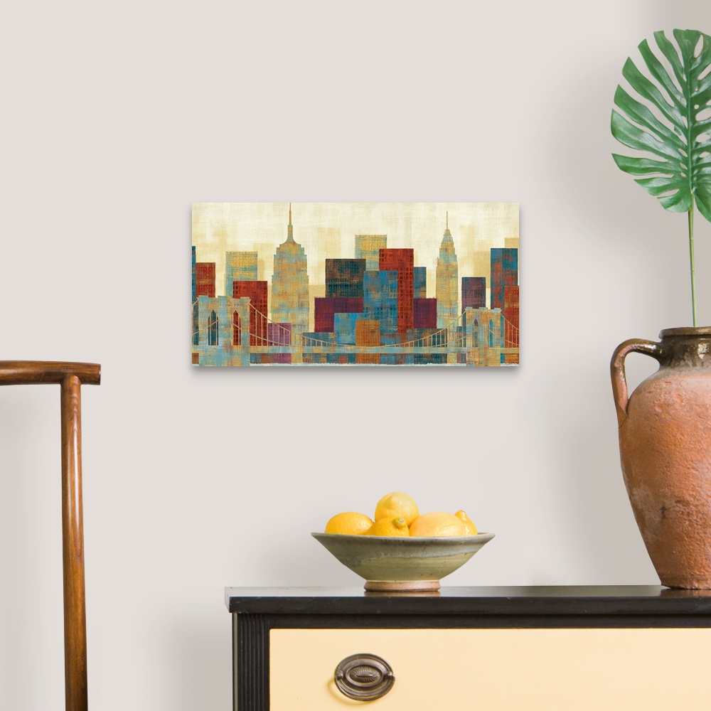 A traditional room featuring A contemporary art piece of the Brooklyn bridge with the NYC skyline behind it. Many colors are u...