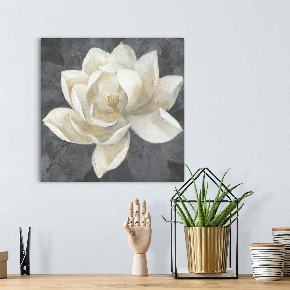 A bohemian room featuring Contemporary artwork of a white magnolia against a dark gray background.