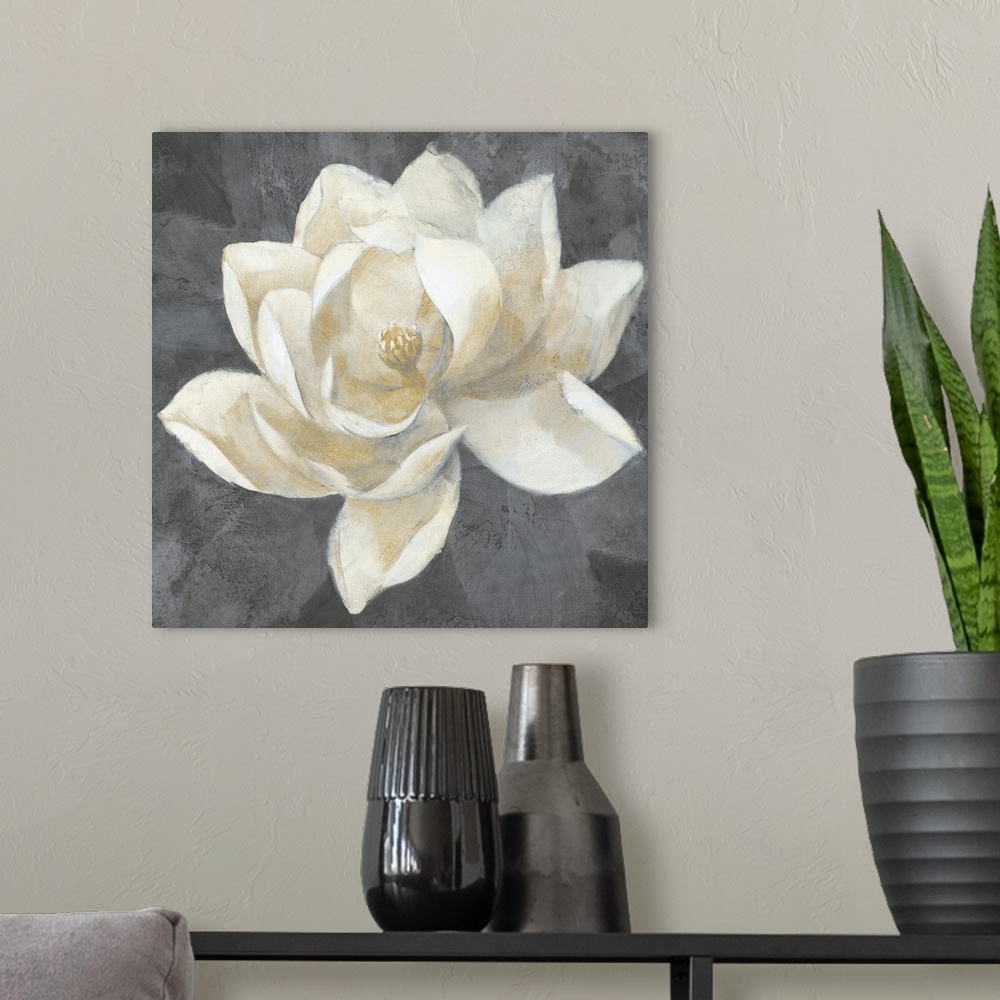 A modern room featuring Contemporary artwork of a white magnolia against a dark gray background.