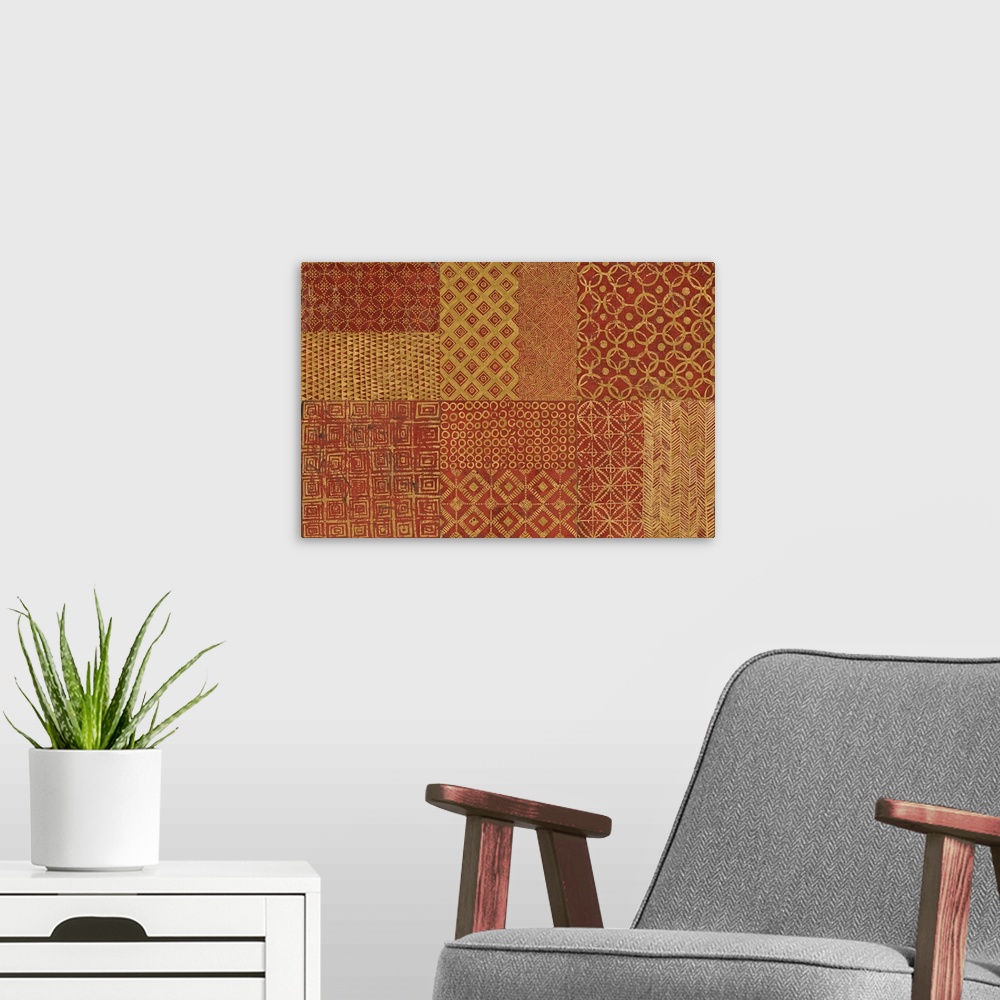 A modern room featuring A decorative image of shapes and patterns within rectangle sections in gold and orange.