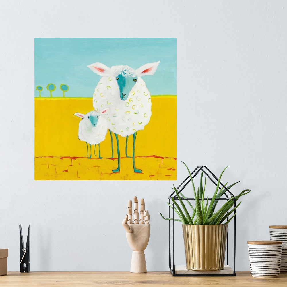 A bohemian room featuring Contemporary abstract painting of a mother and baby sheep standing outside on a bright yellow sur...