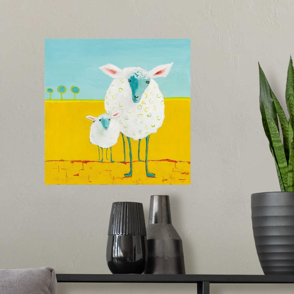 A modern room featuring Contemporary abstract painting of a mother and baby sheep standing outside on a bright yellow sur...