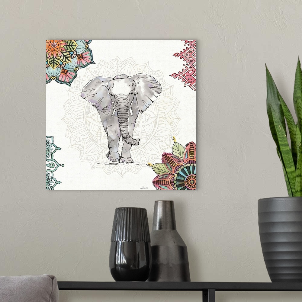 A modern room featuring Bohemian style decor with an illustration of an elephant with colorful mandalas all around.