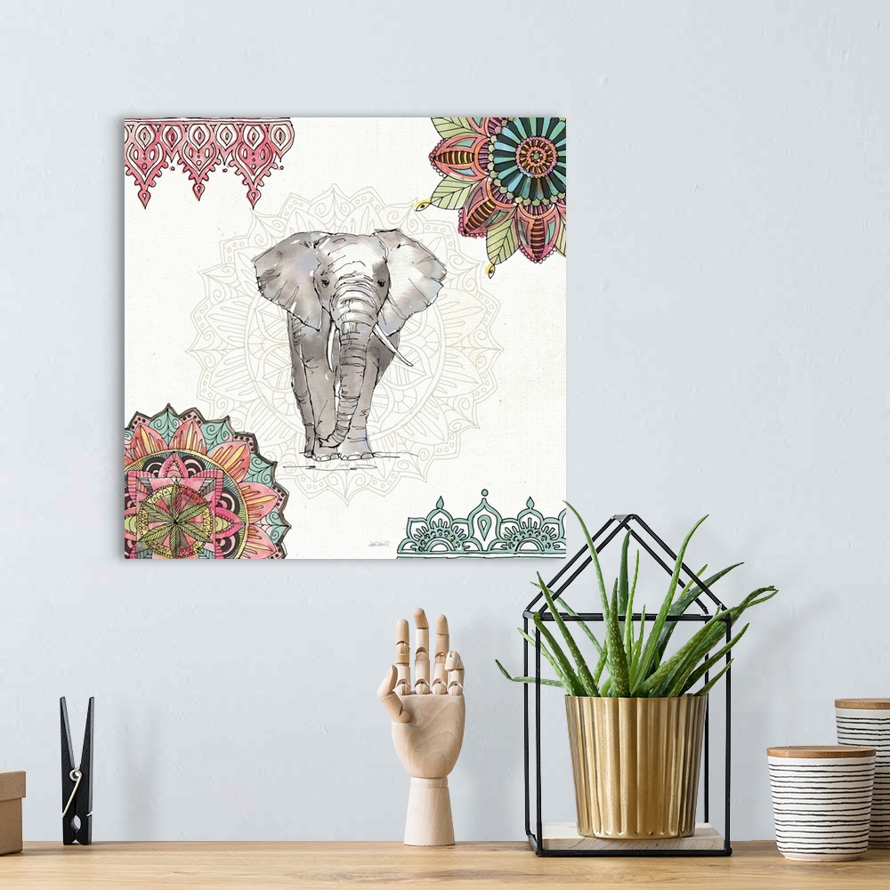 A bohemian room featuring Bohemian style decor with an illustration of an elephant with colorful mandalas all around.