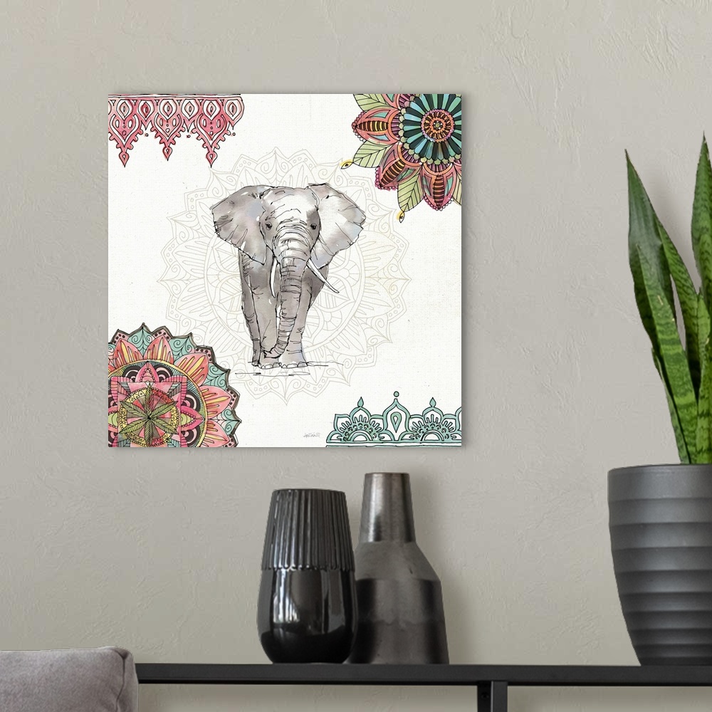A modern room featuring Bohemian style decor with an illustration of an elephant with colorful mandalas all around.